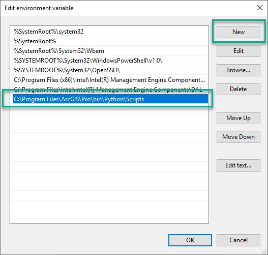 Edit environment variable window